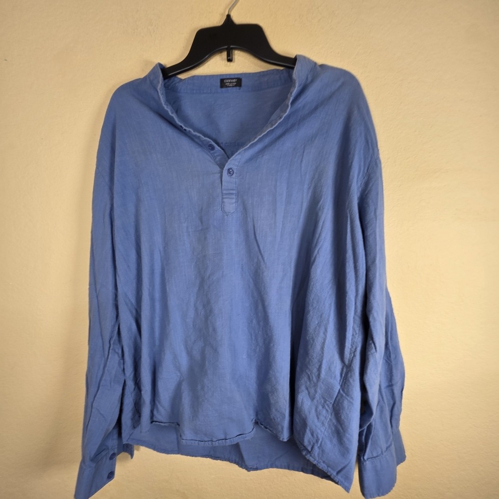 Coofandy Partial Button Shirt Mens XXL Blue Collarless Linen Blend‎ Sides Split
